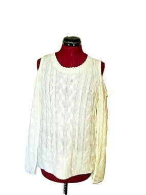 Hippie Rose Sweater M Women Ivory Cold Shoulder Cable Knit Side Split Pullover